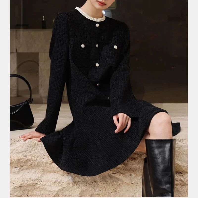 French Small Fragrance Black Dress Female Long Sleeve A Line Loose